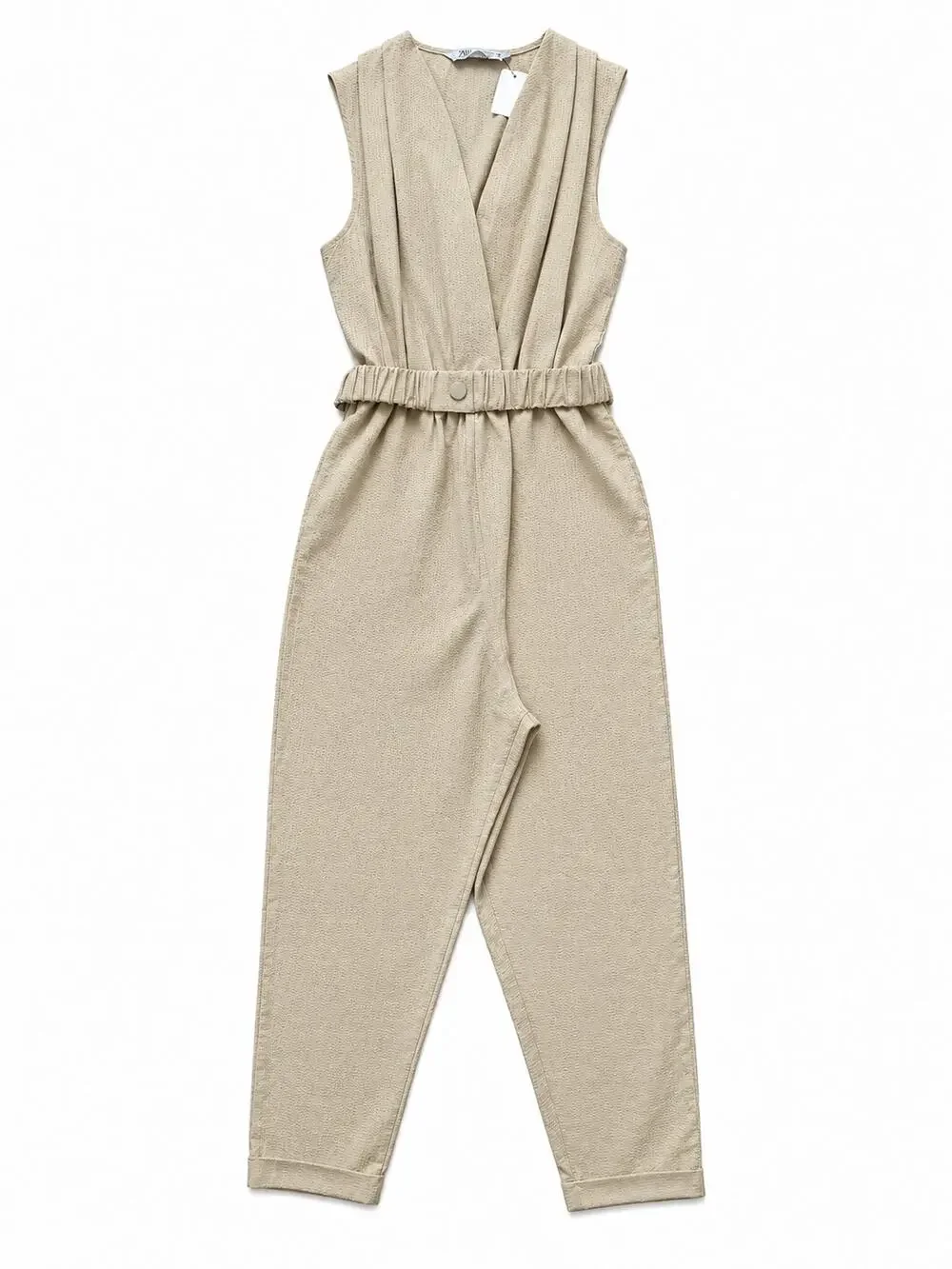 ZARA Women’s XS Beige Linen Blend Sleeveless Belted Wrap Jumpsuit NWT